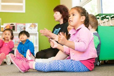 Children learning a song with hand actions. 