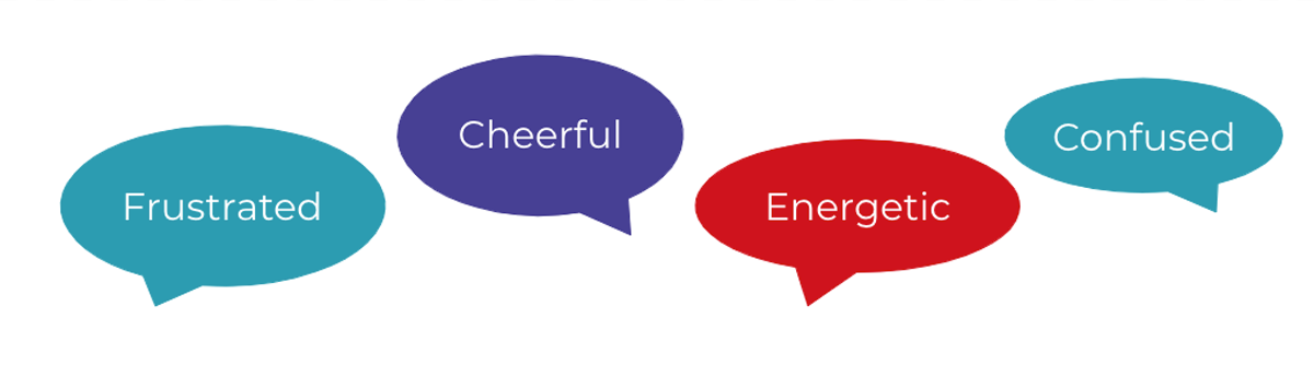 Speech bubbles of words for emotions: frustrated, cheerful, energetic and confused