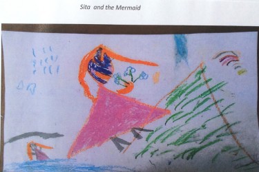 Drawing by child from a traditional story showing Sita and the mermaid. 