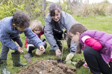 Children planting a shrub. 